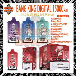Original Bang King Digital 15000 Puff Smart Screen Puff Einweg-E-Zigaretten Mesh Coil 25 ml Pod 650 mAh wiederaufladbarer Akku Puff 15K 0 % 2 % 3 % 5 %