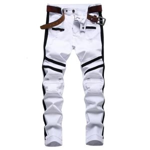 Jeans maschile maschio bianco decorazione bordo nero decorazione slim tra allungamento buco pantaloni casual pantaloni