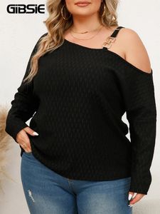 GIBSIE Plus Size Off Shoulder Long Sleeve Knit Top Fashion 2023 Fall Casual Loose Black Stretch Ladies Blouses Shirts 240116