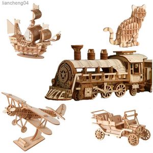 3D Puzzles 3d Wooden Steam Train Model Toy Kids Building Block Puzzles Linden Assembly Simulation Vehicle Car Ship Plane Cat for Boys Gift