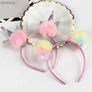 Headbands Cute Faux Rabbit Fur Pom Ball Cat Ears Hair Bands Rainbow Unicorn Head Hoop Girls Princess Party Headbands Festival Headwear YQ240116