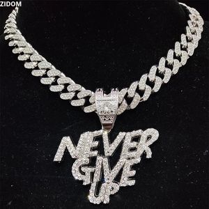 Jewelry Men Women Hip Hop Never Give Up Pendant Necklace 13mm Crystal Cuban Chain Hiphop Iced Out Bling Necklaces Fashion Charm Jewelry