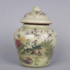 Bottiglie Cinese Famille Rose Vaso in Porcellana Qing Tongzhi Peonia Pavone Caddy da Tè 5,4 Pollici