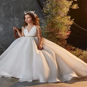 Vintage longo branco flor menina vestidos com decote em v organza sem mangas sem costas vestido de baile até o chão feito sob encomenda para festa de casamento