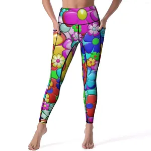 Damen-Leggings, Hippie-Blumendruck, sexy Retro-moderne Kunst, Work-Out-Yogahose, Push-Up-Sportstrumpfhose mit Taschen, modische Design-Leggins