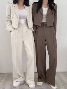 Kadınların katı gündelik takım elbise blazer ceket geniş bacak yüksek bel pantolonları ofis bayan sonbahar bahar mahsul üstleri katlar iki parça set 240115