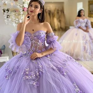 Klänning lila quinceanera bollklänning från axel applique spetspärlor kristall tull korsett söta vestidos de xv anos