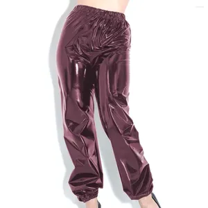 Spodnie damskie żeńskie winylowe PVC skóra wysoka talia harem elastyczne luźne spodnie kostki Sissy Wetlook Proste streetwearu kobiety