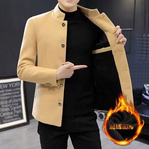 Boutique masculino engrossado gola alta elegante blazer casual versão coreana da juventude fina túnica de lã pequeno terno jaqueta 240116