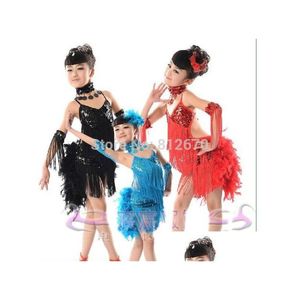 Stage Wear Wholesale-New Children Kids Sequin Feather Fringe Stage Performance Competition Ballroom Dance Costume Latin Dress For Dro Dhz3F