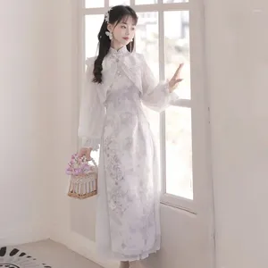 Roupas étnicas Estilo Chinês Retro Bordado Cheongsam Duas peças de manga comprida xale vestido conjunto casamento qipao feminino