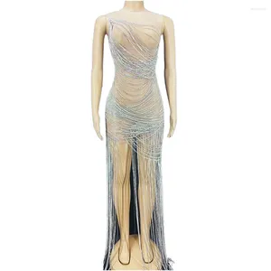 Stage Wear Sleeveless Nude Shining Rhinestones Chain Sexy Long Dress For Women Evening Party Clothing Singer Costumes Prom Wears