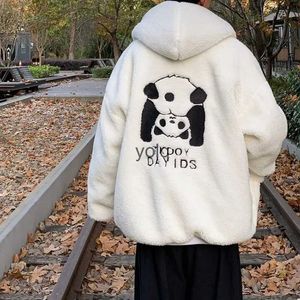 メンズジャケット秋と冬のメンズルーズフード付きベルベットジャケットパンダ刺繍香港スタイルのラムウール
