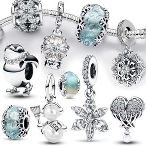 New 2024 Winter Series Snowflake Pendant Blue Glass Beads Fit Bracelet Original Charm Girl Christmas Gifts