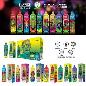 Bester authentischer Sunfire Tornado 9000 Puffs Einweg -Ecigaretten 0% 2% 5 mg Maschenspulen wiederaufladbare RGB Light Vape Puffs 9K 7000 10000 8000 Vapers King Bar Vapor Instock