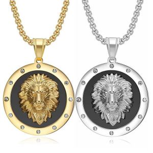 Corrente pendente de cabeça de leão em ouro amarelo 14k, cor dourada, colar redondo brilhante de animal para homens, joias de hip hop