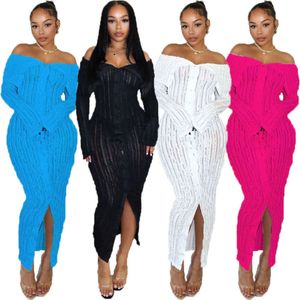 Fashion New Women Elegant Dress Off Shoulder One Line Neck Sexy Wrapped Hip Skirt Design With Wave Pattern Long Sleeved Dress