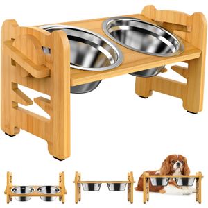 Tigelas de cachorro inoxidável elevadas com suporte de bambu inclinado ajustável levantado filhote de cachorro gato comida suporte de água acessórios para alimentador de animais de estimação 240116