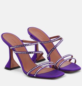 Amina Muaddi Naima Sandals Shoes Women Crystals embellished Strappy Satin Martini Heel Party Dress Wedding Lady Sandalias EU35-42,With Box