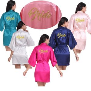 Kvinnors sömnkläder grossist brud guld glitter kvinnor ren färg satin kimono kläder för bridemaid bröllop fest korta badrockar t2