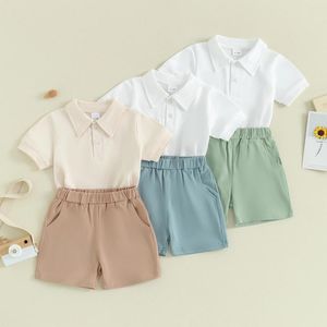 Kläder sätter pudcoco småbarn baby pojke sommarkläder kort ärm lapel-knapp t-shirt med elastiska midja fickshorts 2 st-outfit 6m-4t