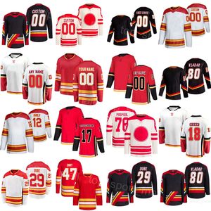 Frau Jugend Mann Hockey 17 Yegor Sharangovich Trikot 47 Connor Zary 29 Dillon Dube 18 AJ Greer 80 Dan Vladar 12 Jarome Iginla 76 Martin Pospisil Team Schwarz Rot Weiß