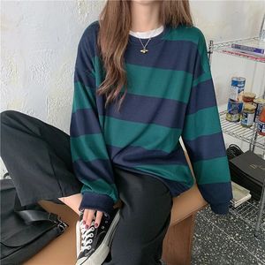 Harajuku Streetwear Frauen Übergroße Gestreifte Sweatshirts Casual Samt Langarm T Shirts Mode Dicke Lose Adrette Kleidung 240116