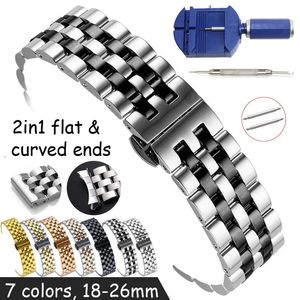 Bracelets Flat and Curved End Watch Band 18 19 20 21 22mm 24mm 26mm Stainless Steel Watch Strap Butterfly Clasp Replacement Wrist Bracelet