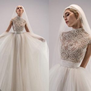 Illusion-Tüll-Meerjungfrau-Hochzeitskleider, elegante, hochgeschlossene, mit Perlen besetzte Brautkleider, bauschige Brautkleider in A-Linie