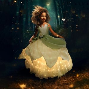 Uporpor Tiana Princesa Meninas LED Light Up Vestido Cosplay Festa de Natal Elfos Fantasia Festa Infantil Verde Ombros Vestido de Baile 240116