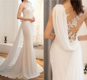 2024 Sexy O-neck Sleeveless Bridal Mermaid Summer Chiffon Wedding Dress Backless Lace Appliques Robe De Mariee Customize Vestidos De Novia