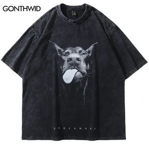 Homens streetwear hip hop oversized t camisa engraçado doberman cão gráfico camiseta vintage lavado preto tshirt harajuku t algodão 240115