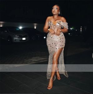 Sexy Gold Sequins Mermaid Prom Dresses 2024 High Slit Evening Dress Bottom Aso Ebi Women Birthday Party Gowns