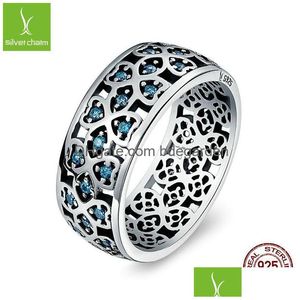 Med sidogenor bamoer 100% 925 Sterling Sier Petals of Love Sweet Clover Blue CZ Finger Rings for Women Engagement SMEEXCH S925 GIF DH0Q1