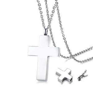 Cross Pendant Necklace Cremation Ashes Ash Urn Keepsake Mens 14K White Gold Mane Jewelry