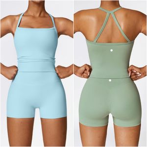 LL-8519 Womens Yoga Outfit Conjuntos de Yoga Calças Colete Excerise Esporte Ginásio Correndo Trainer Shorts Casuais Elástico Cintura Alta Sportwear