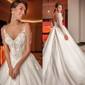 Elegant A-Line Wedding Dresses Sexy Backless Sweetheart Lace Bridal Gowns Lace-Up Applique Sweep Train Robe Vestido De Noiva Size Customized Size H24082