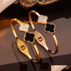 Womens Fashion Jewelry Gift Accessories Elastic Open And Close 18K Gold Shell Stainless Steel Four-Leaf Clover Bracelet Drop Deliver Dhsxh