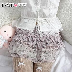 スカートIamty Kawaii Floral Print Lace Stitching A-line Skirt Pink Low WAIST CHIFFON Y2K COQUETTE LOLITAソフトガールズ