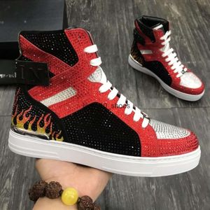 Designer de luxo scarpe plein sapatos masculinos tênis malha respirável chaussure phillip alto corte rendas elementos de metal sapatos casuais