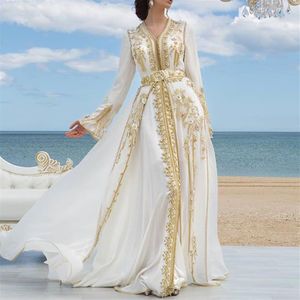 Weißes Chiffon-luxuriöses formelles Abendkleid, goldene Spitzenapplikationen, marokkanischer Kaftan, Dubai-Mutterkleid, arabisch-muslimisches besonderes Occasio256C