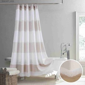 Cortinas de chuveiro Susan Tan fio tingido poliéster jacquard listrado tecido impermeável artesanal borla franja boho fazenda cáqui cortina de chuveiro q240116