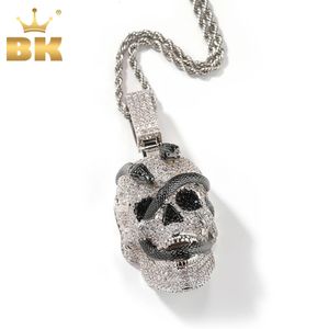 THE BLING KING Brass Skull Pendent Black Snake Surround Full Iced Out Bling Cubic Zirconia Charm Necklace Fashion Hiphop Jewelry 240115