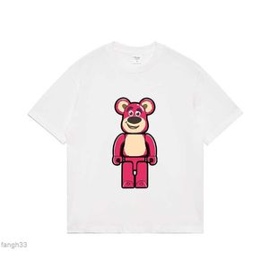 High Street Brand Little Bear Fio Duplo Puro Violento Morango Impressão Grande Solta Camiseta de Manga Curta