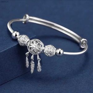 Kedja 925 Sterling Silver Bangle Woman Dreamcatcher Tassel Feather Round Bead Justerbar charmarmband för kvinnor Bröllop smycken