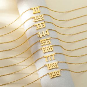 Golden Color 14k Yellow Gold Lucky Angel Number 111 222 333 444 555 666 777 888 999 Pendant Necklace For Women Men Jewelry