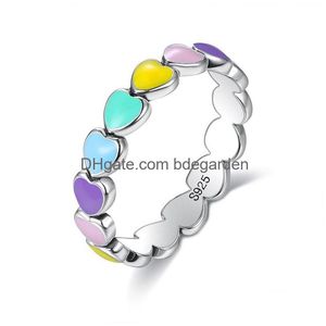 Pierścienie zespołowe Autentyczne 925 Sterling Sier Sier Sierka Rainbow Heart Finger Pierścienie dla kobiet romantyczne pierścionek zaręczynowy Fine Jewelry Best 733 DHD5E