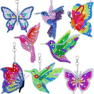 Display 8pcs Diy Diamond Painting Keychains Butterfly Birds Double Sided Diamond Art Mosaic Key Ring Pendants Women Bag Accessories Gift