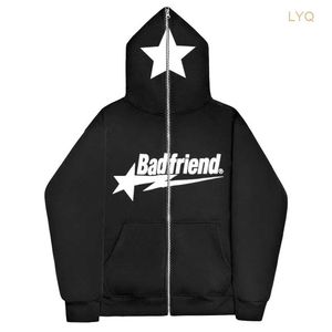 Sweatshirts Bad Friend Ins High Street Y2K Unisex Inner Fleece Hoodies Sweatshirt Fulll Zipper Loose Overdimasy Men's Women's Streetwear