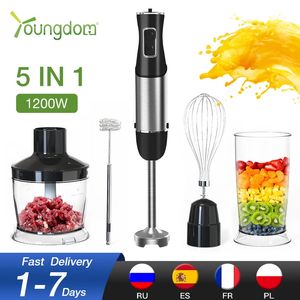 Electric Stick Hand Blender 5 I 1 Handheld Mixer 1200W 220V Rostfritt stål Blad Vegetabiliskt kött Immersion Egg Wisk Juicer 240116